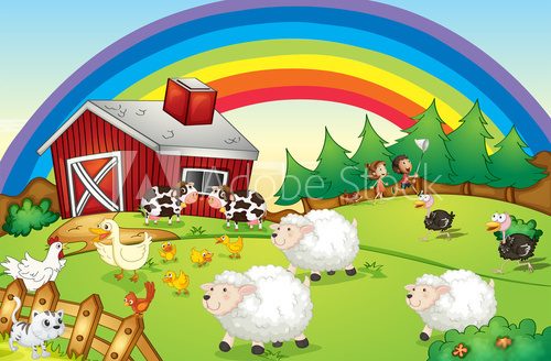 A farm with many animals and a rainbow in the sky  Plakaty do Pokoju dziecka Plakat