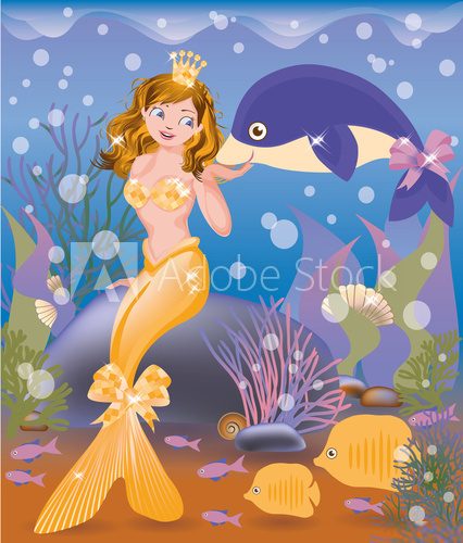 Beautiful golden mermaid girl and dolphin, vector  Plakaty do Pokoju dziecka Plakat