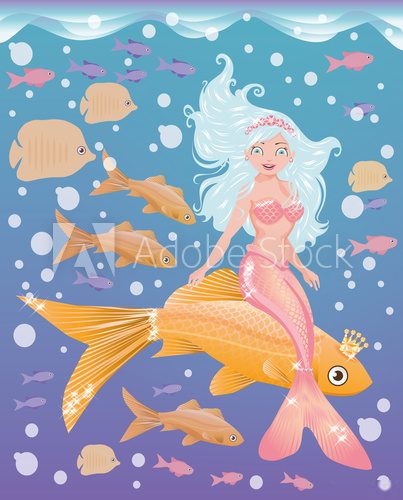 Young mermaid girl with golden fish, vector  Plakaty do Pokoju dziecka Plakat