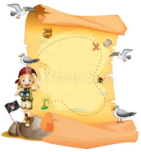 A treasure map and a young girl holding a telescope  Plakaty do Pokoju dziecka Plakat