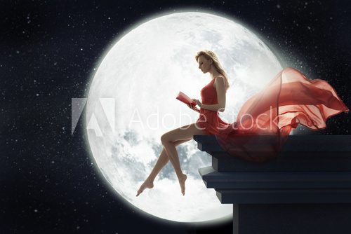 Cute woman over full moon background  Ludzie Plakat