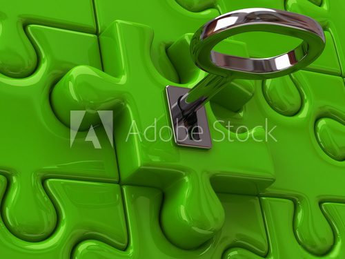 Silver key and green puzzle  Fototapety 3D Fototapeta