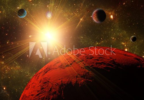 A view of planet, moons and the deep space. Abstract illustratio  Fototapety Kosmos Fototapeta