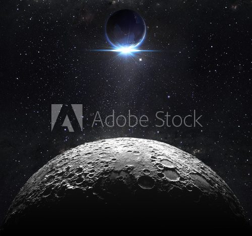 moon surface with view sunrise of the earth  Fototapety Kosmos Fototapeta