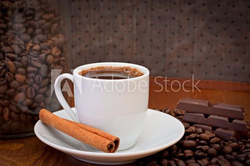 cup of coffee, cinnamon and chocolate  Fototapety do Kawiarni Fototapeta