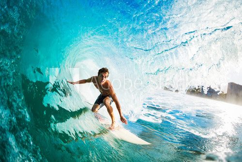 Surfer on Blue Ocean Wave in the Tube Getting Barreled  Sport Fototapeta