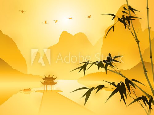 Oriental style painting, Bamboo in sunset scene  Orientalne Fototapeta