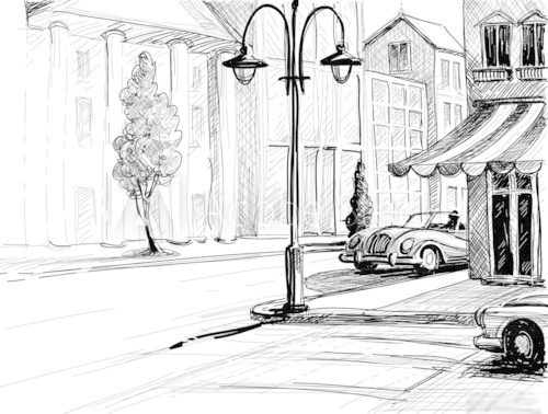 Retro city sketch, street, buildings and old cars vector illustr  Drawn Sketch Fototapeta
