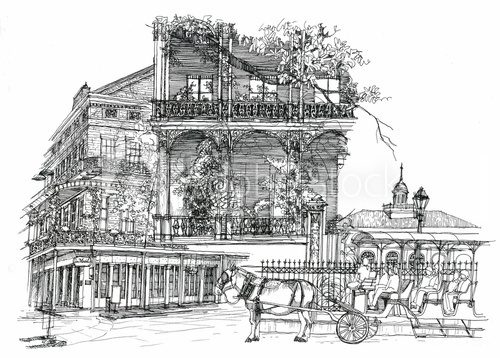New Orleans architectural illustration drawing  Drawn Sketch Fototapeta