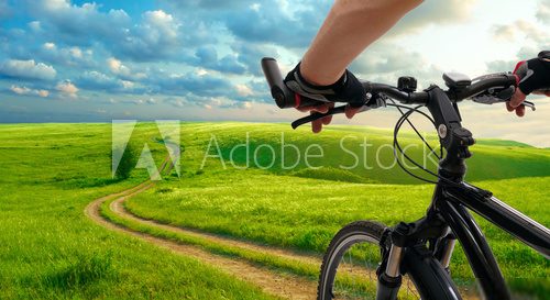 Man with bicycle riding country road  Sport Plakat