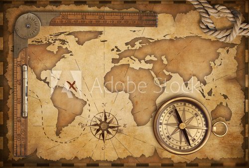 aged treasure map, ruler, rope and old brass compass still life  Mapa Świata Fototapeta