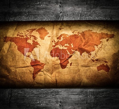 Antique world map in grunge wooden frame  Mapa Świata Fototapeta