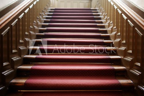Empty wooden staircase with red carpet  Schody Fototapeta