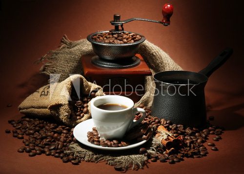 cup of coffee, grinder, turk and coffee beans  Kawa Fototapeta