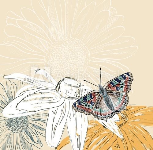 Illustration of beautiful butterflies flying around flower.  Motyle Fototapeta