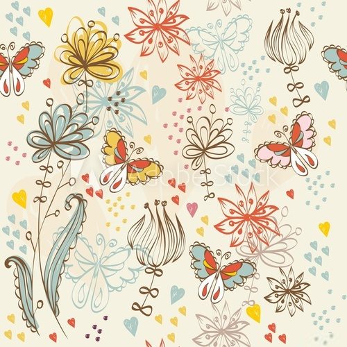 Flowers fantasy. Cute floral seamless pattern .  Motyle Fototapeta