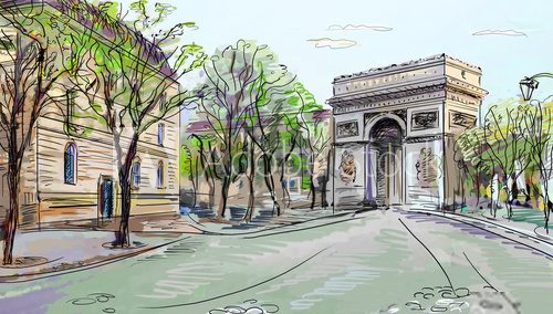 Street in paris - illustration  Drawn Sketch Fototapeta