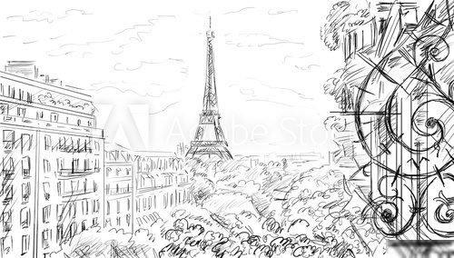 Street in Paris - sketch  illustration  Drawn Sketch Fototapeta