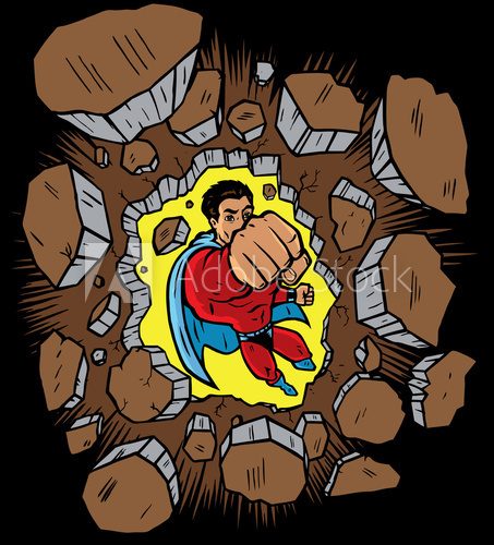 Superhero punching through wall  Fototapety Komiks Fototapeta