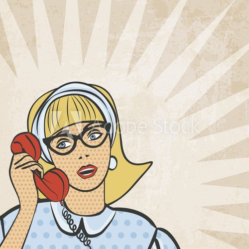 girl with telephone in retro style - vector illustration  Fototapety Komiks Fototapeta