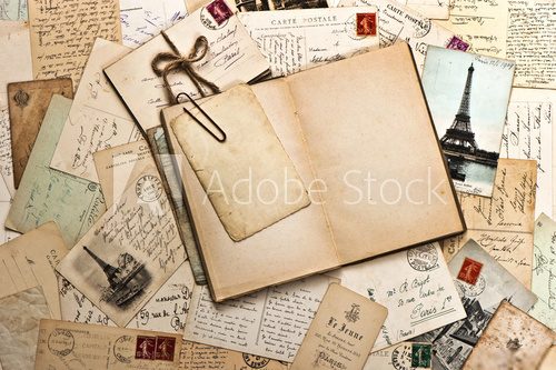 old papers, french post cards and open diary book  Fototapety Sepia Fototapeta