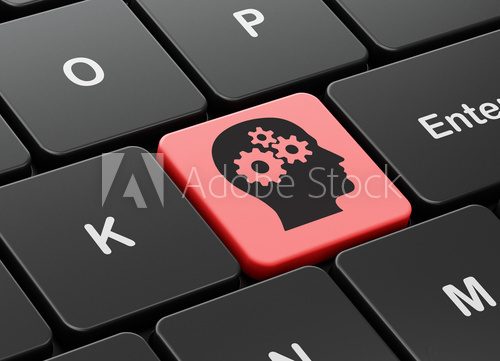 Advertising concept: Head With Gears on keyboard background  Plakaty do Biura Plakat