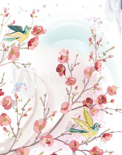 Spring card  with singing birds on branches of a blossoming tree  Na drzwi Naklejka