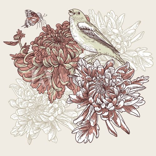 Flowers with bird illustration  Obrazy do Sypialni Obraz