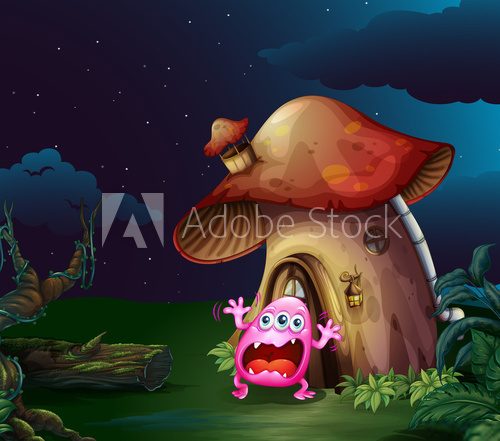 A scared monster near the mushroom house  Obrazy do Pokoju Dziecka Obraz
