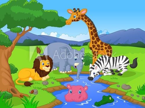 Savannah scenery with animals and waterhole  Obrazy do Pokoju Dziecka Obraz