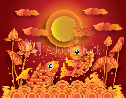 Golden koi fish with fullmoon  Obrazy do Pokoju Dziecka Obraz