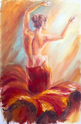 Beautiful dancing woman in red. Oil painting.  Olejne Obraz