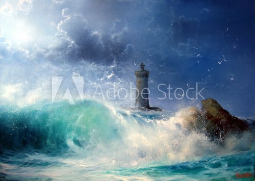 Seascape Wave and lighthouse  Olejne Obraz