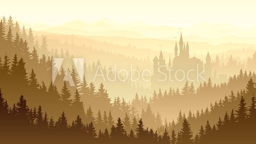 Wild misty wood with castle.  Krajobraz Fototapeta