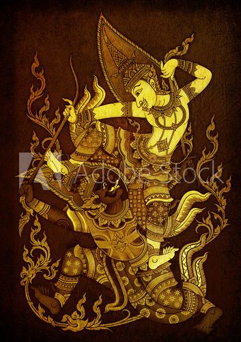 Thai Painting Art Ramayana Story  Orientalne Fototapeta