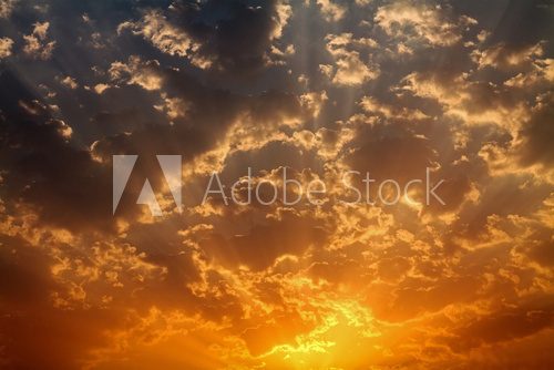Golden dawn skies sunrays silver edged cumulus clouds  Niebo Fototapeta