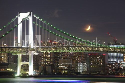 Tokyo rainbow bridge and moon at night time  Fototapety Miasta Fototapeta