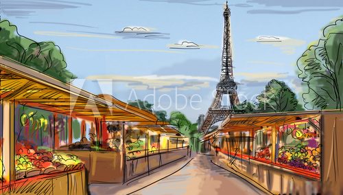 Paris street - illustration  Fototapety Wieża Eiffla Fototapeta