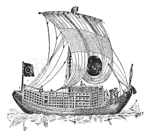 Chinese junk, an ancient sailing vessel, vintage engraving.  Drawn Sketch Fototapeta