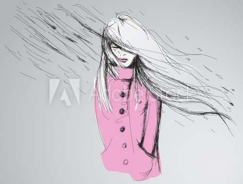 Woman in rain / Fashion Sketch  Drawn Sketch Fototapeta