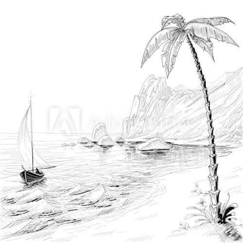Sea beach, boat and palm tree vector sketch  Drawn Sketch Fototapeta
