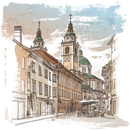 Vector drawing of central street of old european town  Drawn Sketch Fototapeta