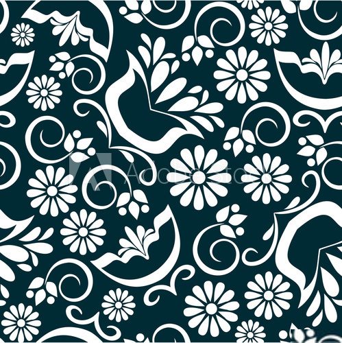 Vintage floral background seamless pattern in black white  Folklor Fototapeta