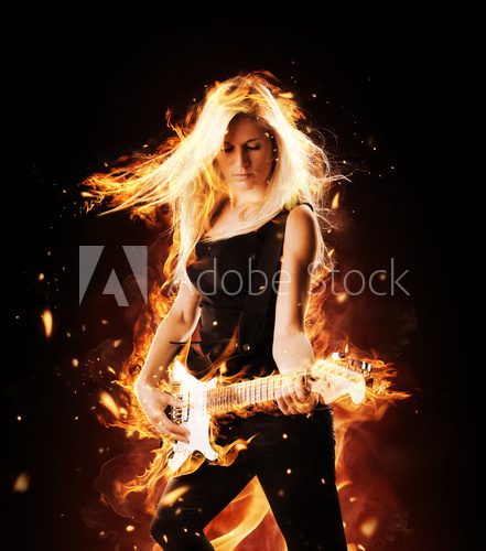 Burning girl with flaming guitar on black background  Ludzie Obraz