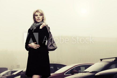 Young fashion woman with handbag on the foggy city street  Ludzie Obraz