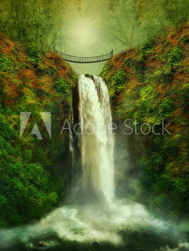 fantastic waterfall and bridge  Fototapety Wodospad Fototapeta