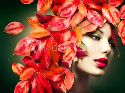 Autumn Woman. Fall. Girl with colourful autumn leaves hairstyle  Ludzie Plakat