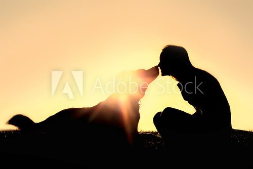 Happy Woman and Dog Outside Silhouette  Ludzie Plakat