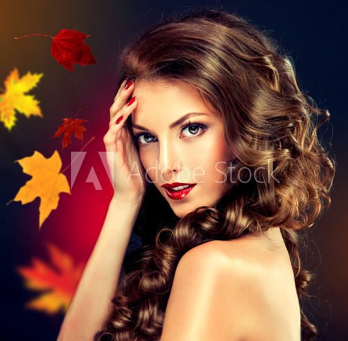 Girl with colourful autumn leaves hairstyle and makeup  Ludzie Plakat