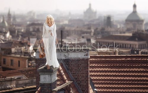 Blonde standing on the chimney with the violin  Ludzie Plakat